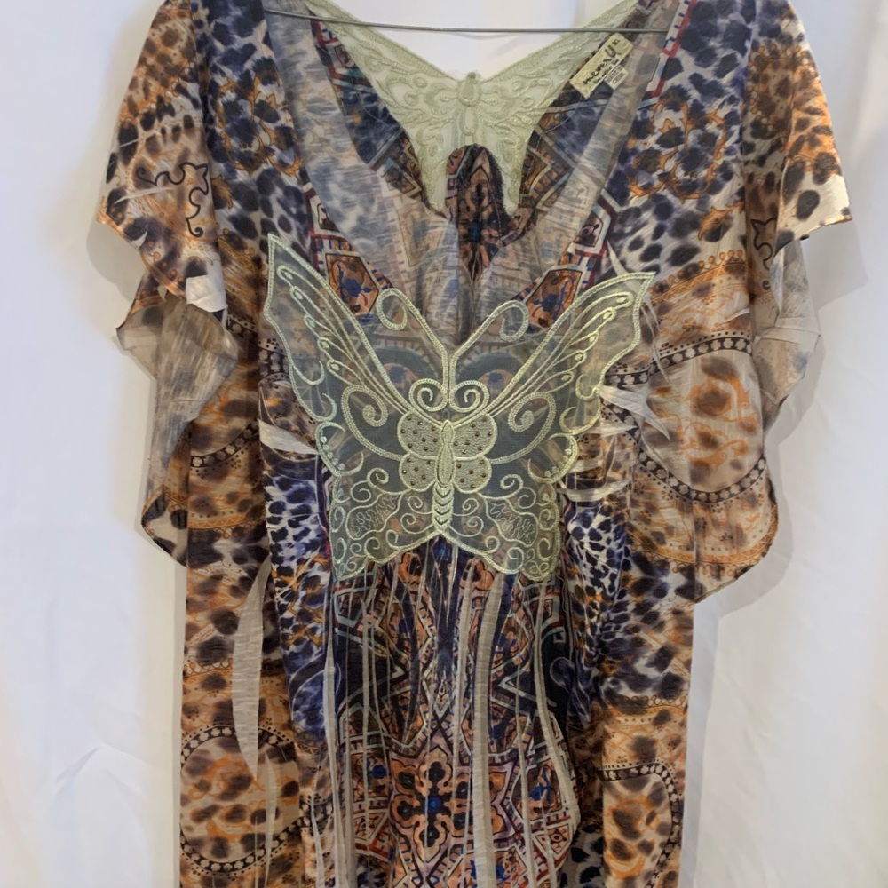 ONE WORLD Brown Tan Asymmetrical Blouse